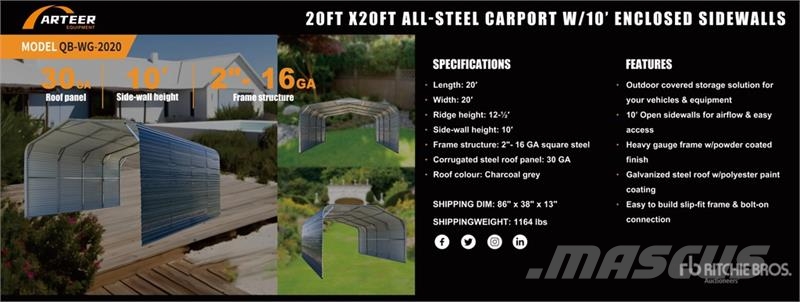 Arteer QB-WG-2020 20 ft x 20 ft All-Steel Carport (Unused Stalen constructies