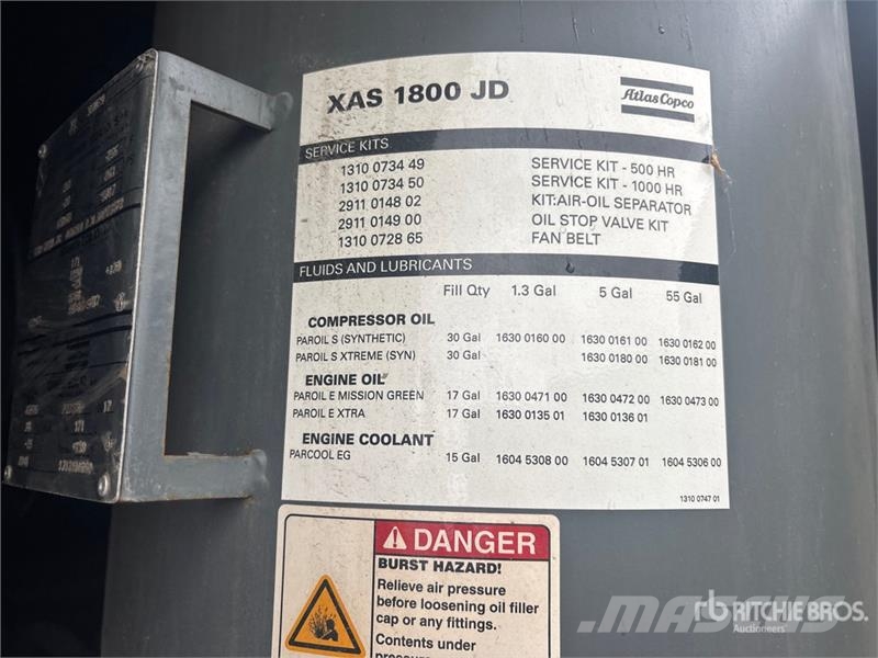Atlas Copco XAS1800JD8 175 cfm Mobile Air Compressor 콤푸레샤
