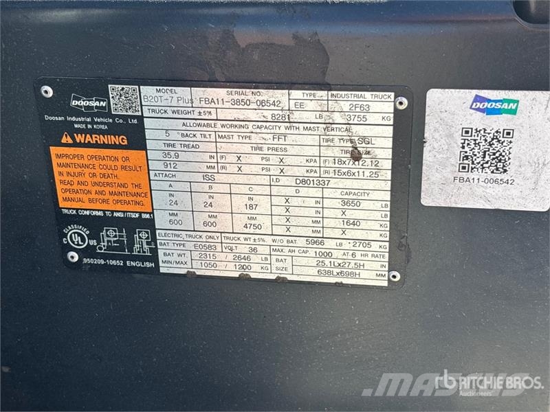Doosan B20T7 3650 lb Electric Forklift Electric forklifts