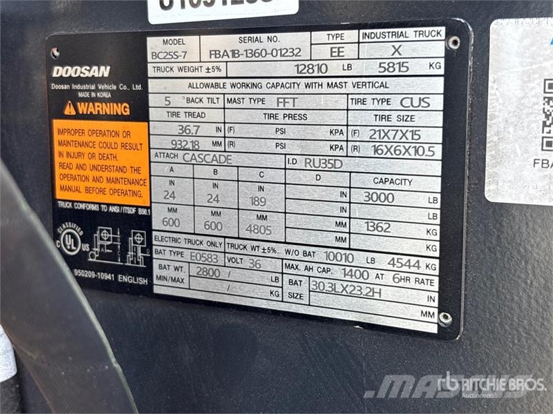 Doosan BC25S-7 3000 lb Electric Forklift Электропогрузчики