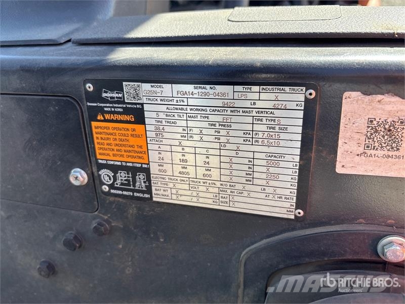 Doosan G25N-7LP 5000 lb Cushion Tire Forklift Wózki widłowe inne
