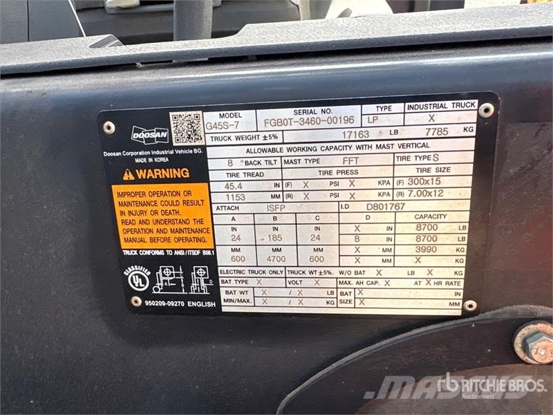 Doosan G45S-7 8700 lb Forklift شاحنات ذات رافعات شوكية - أخرى