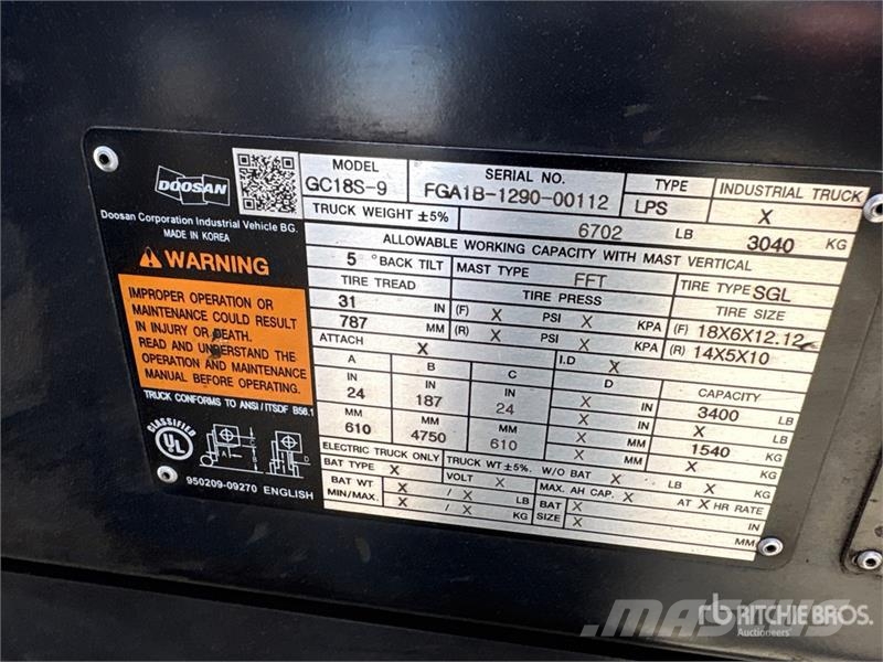 Doosan GC18S-9 6702 lb Forklift Інше