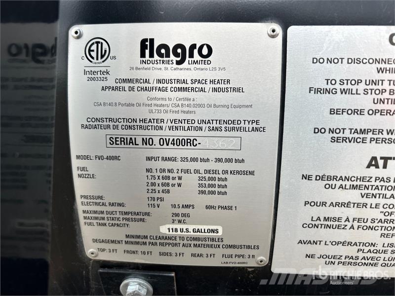Flagro FVO-400RCBT 390000 BTU Space Heater Equipamento de aquecimento e descongelamento