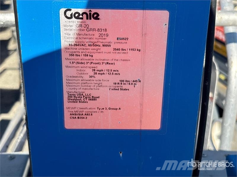 Genie GR20 Vertical Mast Lift Plataformas con jaula de elevación