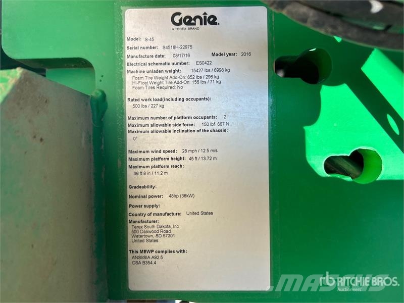 Genie S-45 4WD Diesel Telescopic Boom Lift Teleskopiskie pacēlāji