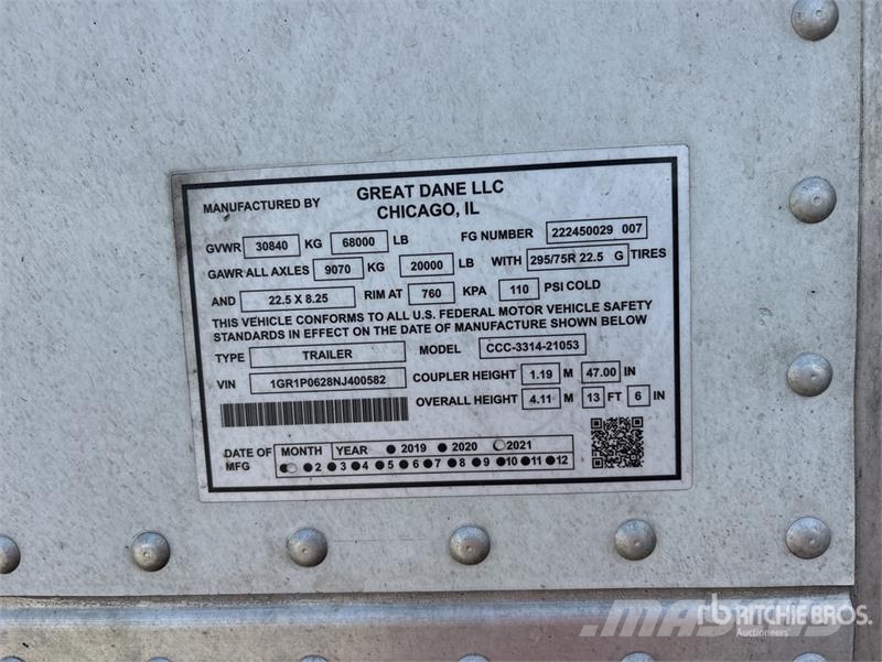 Great Dane CCC-3314-21053 53 ft x 102 in T/A Van Trailer Van Body Trailers