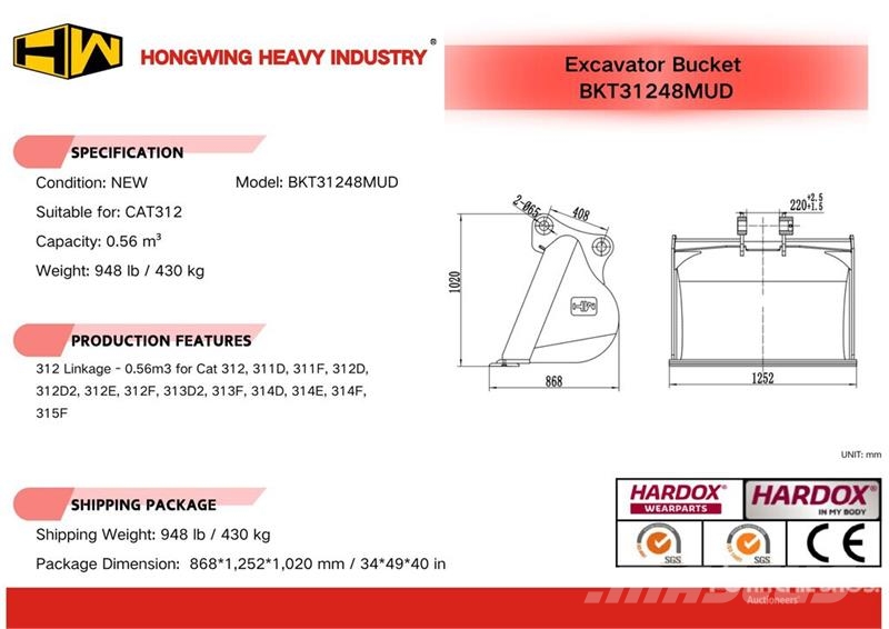H&W BKT31248MUD 48 in 0.56 m3 Cleanup Excavator Bucket Baldes