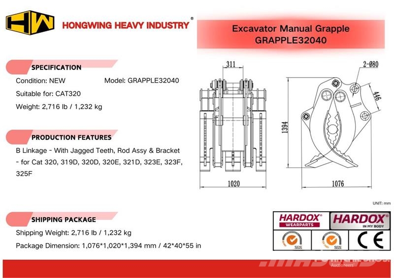 H&W GRAPPLE32040 40 in Manual Excavator Grapple - Fits Pinzas
