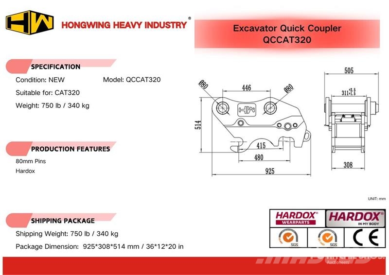 H&W QCCAT320 Excavator Coupler - Fits Cat 320 (Unused) 快速連結器