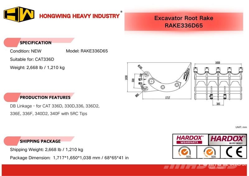 H&W RAKE336D65 65 in Excavator Rake - Fits Cat 336D (U 犁耙和摊草机