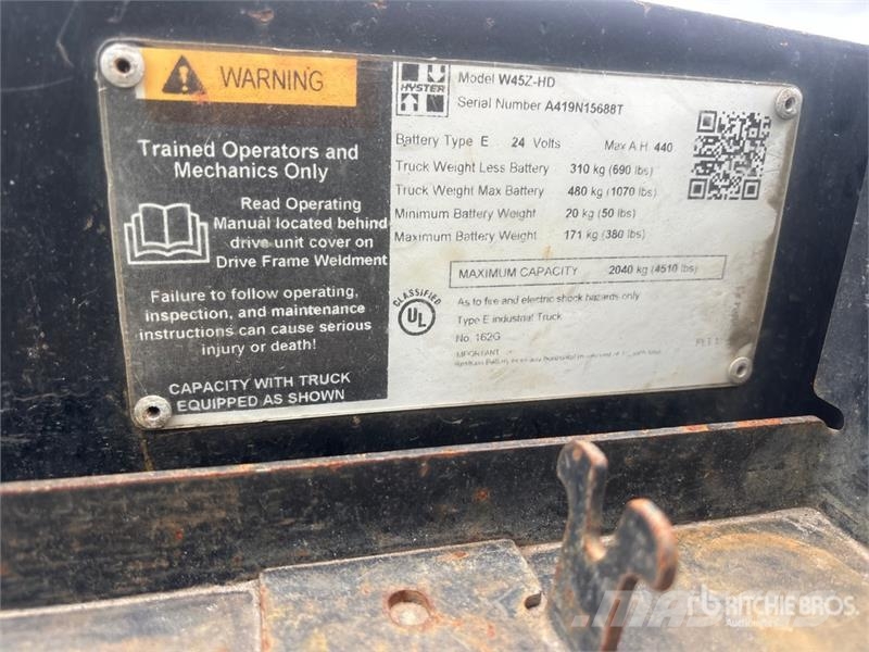 Hyster W45Z-HD 4510 lb Electric Pallet Jack (Inoperable) 手拉式油壓拖板車