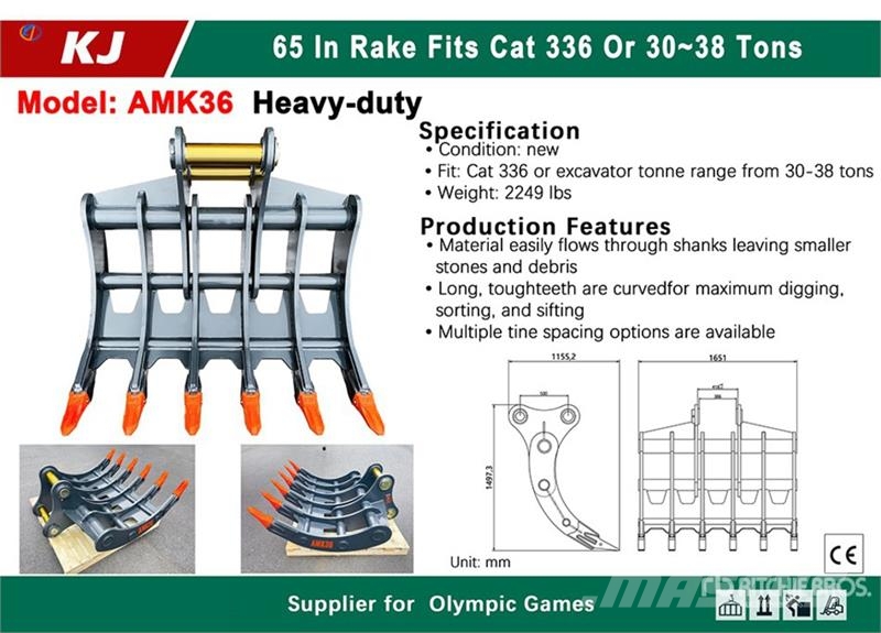 KJ AMK36 65 in Excavator Rake - Fits Cat 336 / 30 - 3 Vändare och luftare