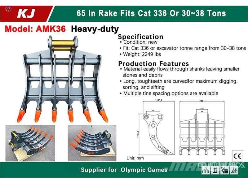 KJ AMK36 65 in Excavator Rake - Fits Cat 336 / 30 - 3 مكابس وميبسات التبن