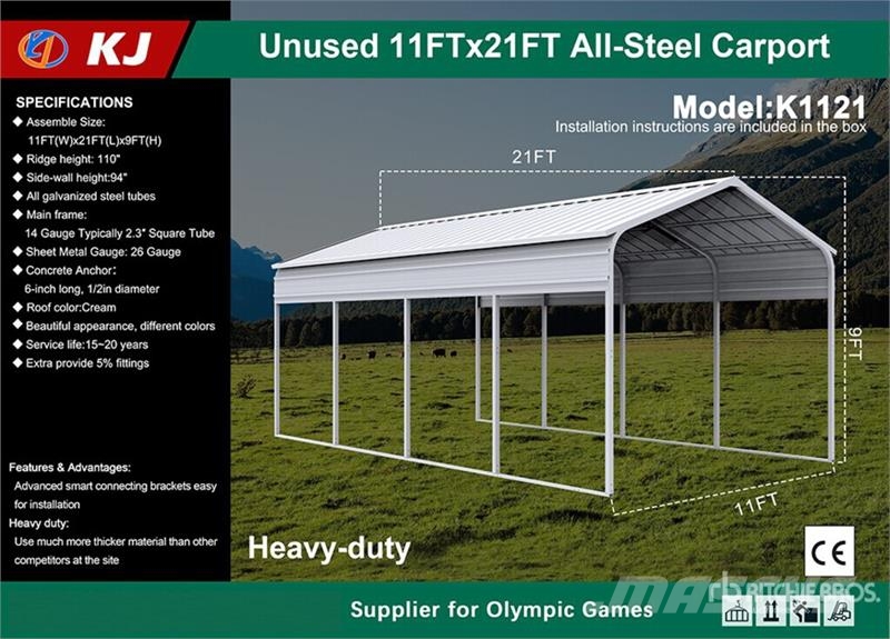 KJ K1121 11 ft x 21 ft All-Steel Carport (Unused) Steel frame buildings