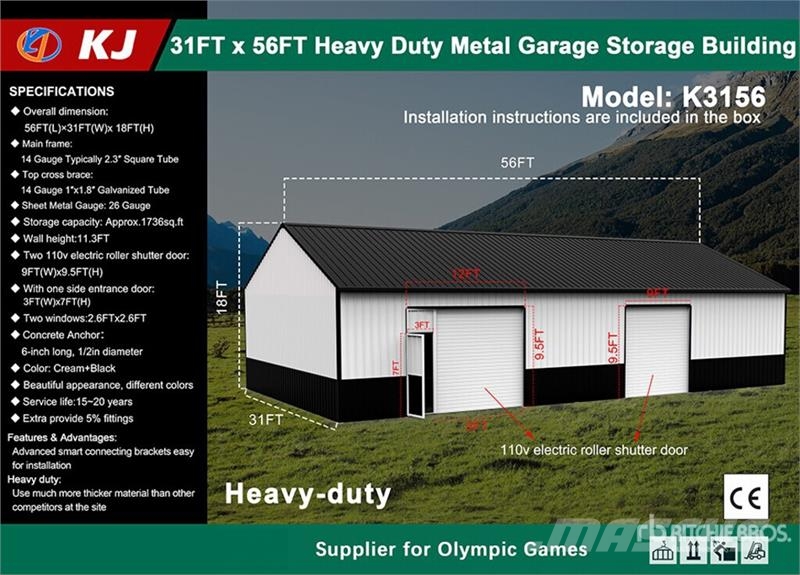 KJ K3156 31 ft x 56 ft Heavy Duty Metal Garage Storag Steel frame buildings