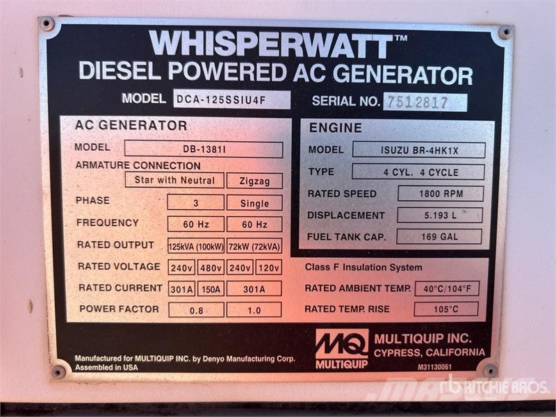 MultiQuip Whisperwatt DCA-125SSIU4F 100 kW Mobile Generator Diesel Generators