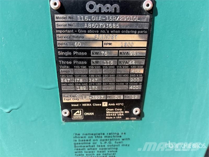 Onan 115.OWA15R 75 kW Generator Set (Inoperable) Dizel agregati