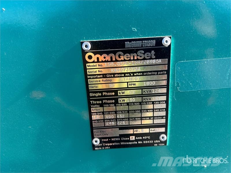 Onan 150 kW Skid-Mounted Generator Set Diesel Generators