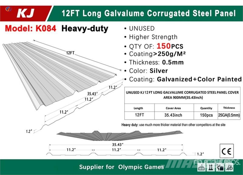Quantity of (150) KJ K084 35 in x 12 ft Galvalume Pacēlāji, vinčas un materiālu lifti