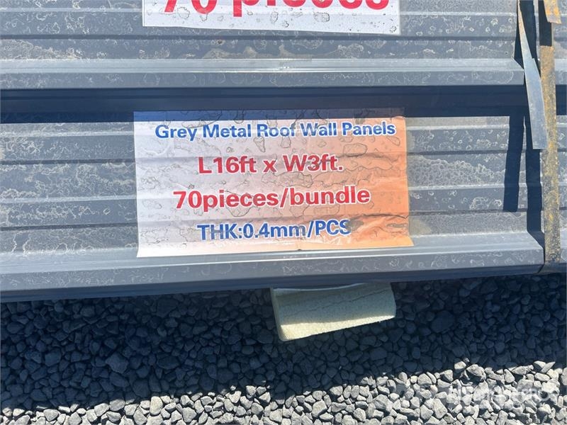 Quantity of (70) 16ft x 3 ft Grey Metal Roof Panel Verricelli, paranchi e sollevatori per materiali