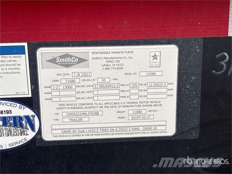 SmithCo SX1FP-22-17 17 ft T/A Spread Axle Pup Side Dump Tr 傾卸式拖車