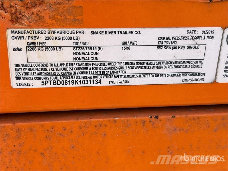 Snake River DMP58 8 ft S/A Dump Utility Trailer Bañera