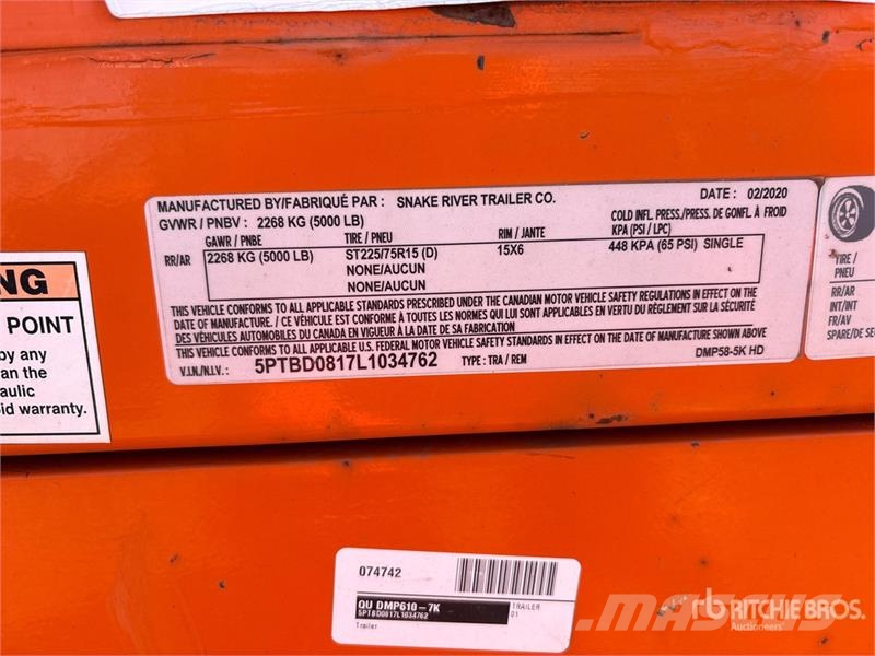  Snake River DMP58 8 ft S/A Dump Utility Trailer Kiperi prikolice