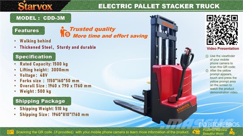 STARVOX CDD-3M 3300 lb Electric Stacker (Unused) Samopogonski ručni viljuškari