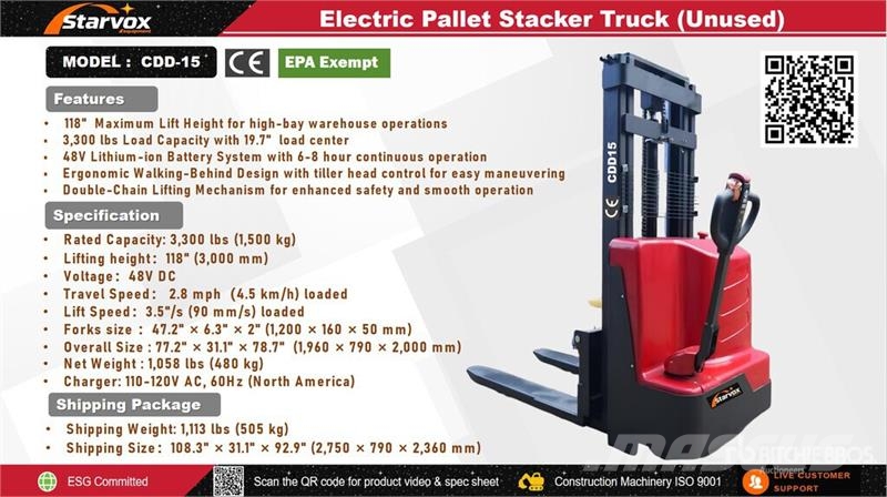 STARVOX CDD15 3300 lb Electric Stacker (Unused) Stāvot vadāmie palešu krautņotāji