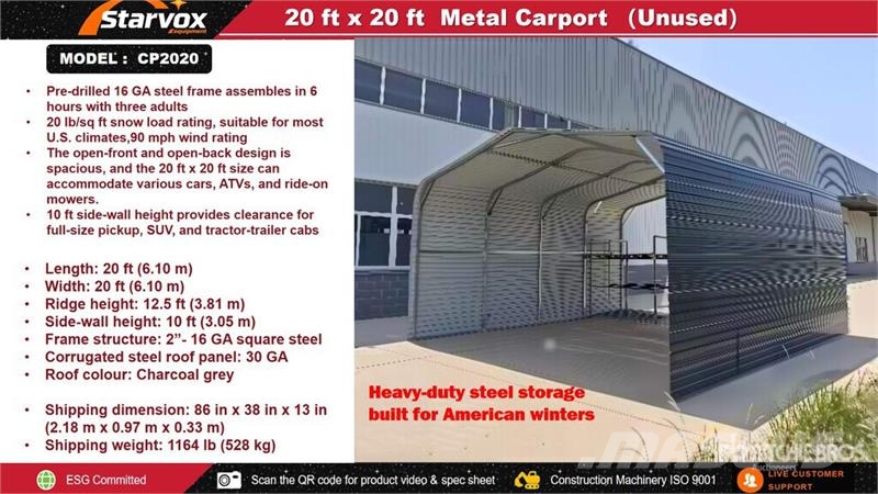 STARVOX CP2020 20 ft x 20 ft Carport (Unused) Čelični okviri za građevine