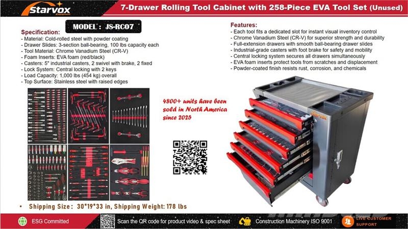  STARVOX JS-RC07 Tool Cart w/ (258) pcs Tool Set (U Компоненты строительной техники