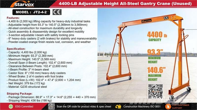  STARVOX JT2-4-2 4400 lb Adjustable Height All-Stee Portalkraner