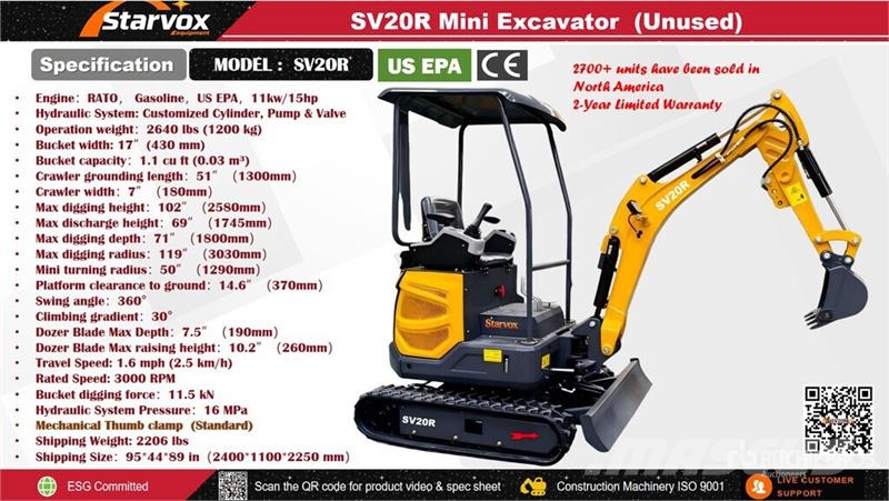 STARVOX SV20R Mini Excavator (Unused) Mini Escavadoras <7t