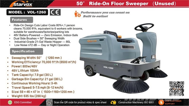  STARVOX VOL-1260 Ride-On Electric Floor Sweeper (U Overige rooimachines