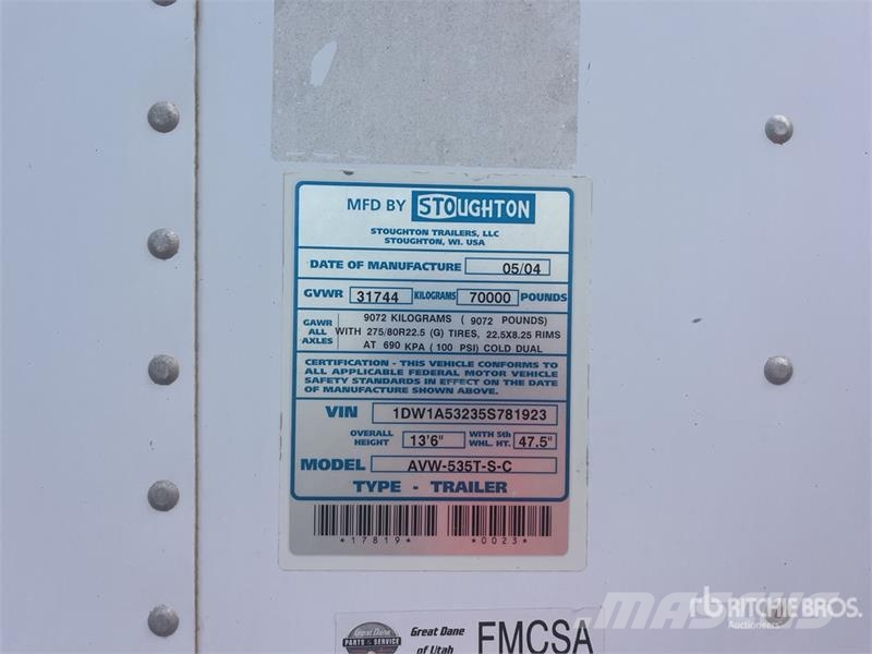 Stoughton 53 ft x 102 in T/A Van Trailer Furgons