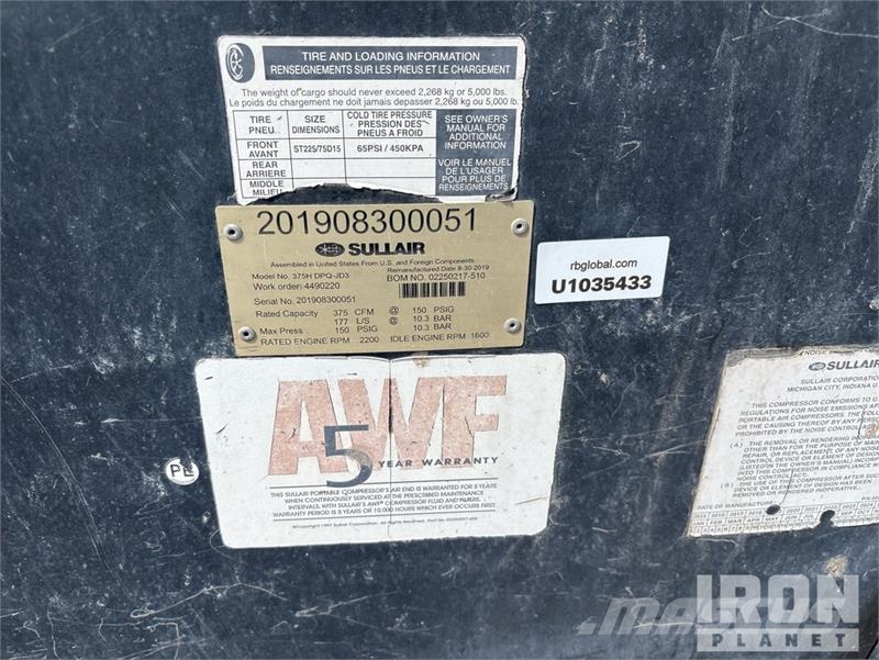 Sullair 375H DPQ JD3 375 cfm Mobile Air Compressor コンプレッサー