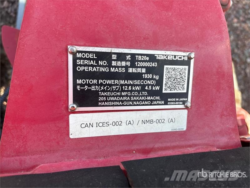 Takeuchi TB20e Electric Mini Excavator Mini bageri <7t