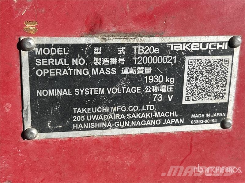 Takeuchi TB20E Electric Mini Excavator Mini excavators < 7t