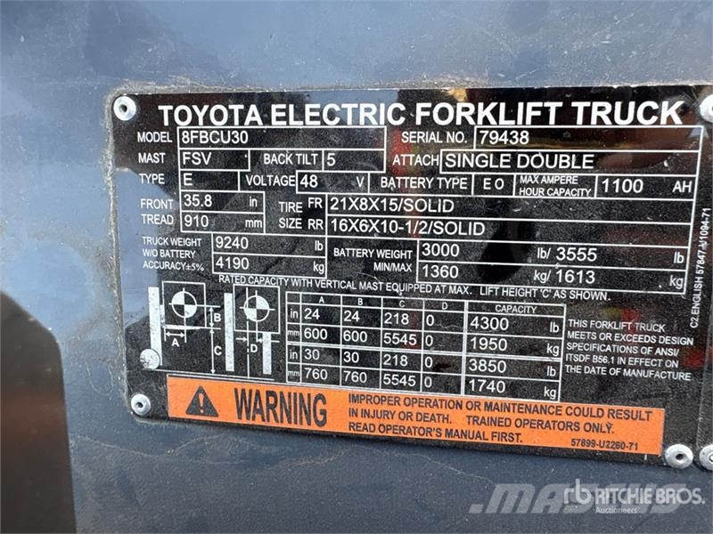 Toyota 8FBCU30 4300 lb Cushion Tire Forklift Gaffeltrucker - Annet