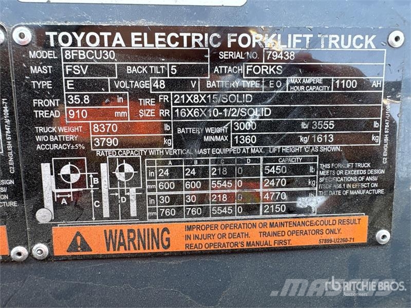 Toyota 8FBCU30 4300 lb Cushion Tire Forklift Gaffeltrucker - Annet