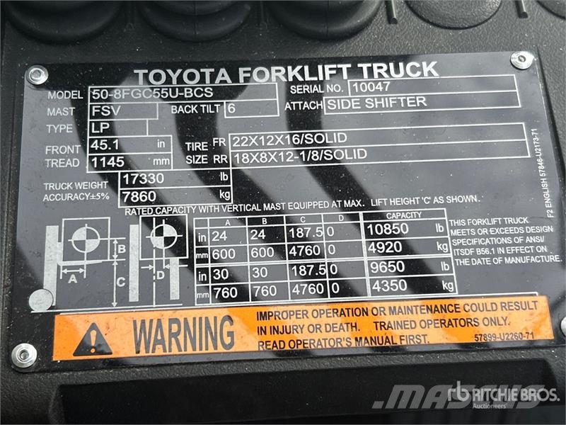 Toyota 8FCG55U 10850 lb Cushion Tire Forklift 그 외 지게차