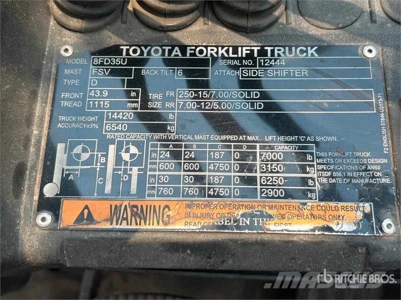 Toyota 8FD35U 7000 lb Pneumatic Tire Forklift (Inoperable Viličarji - drugo
