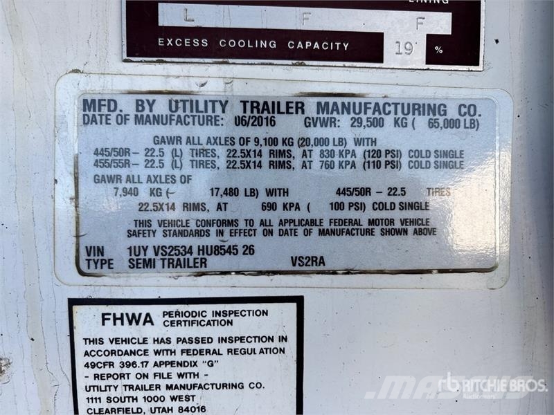 Utility VS2RA 53 ft x 102 in T/A Refrigerated Trailer Temperature controlled semi-trailers