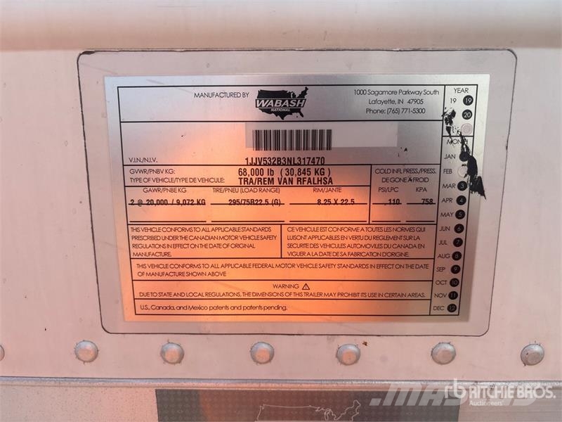 Wabash RFALHSA 53 ft x 102 in T/A Refrigerated Trailer 控溫式半拖車