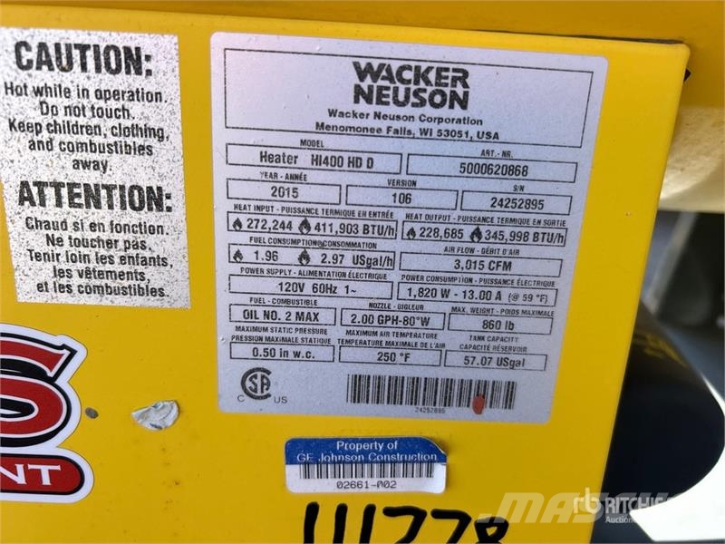 Wacker Neuson HI400 411903 BTU Ground Heater Équipement de dégel