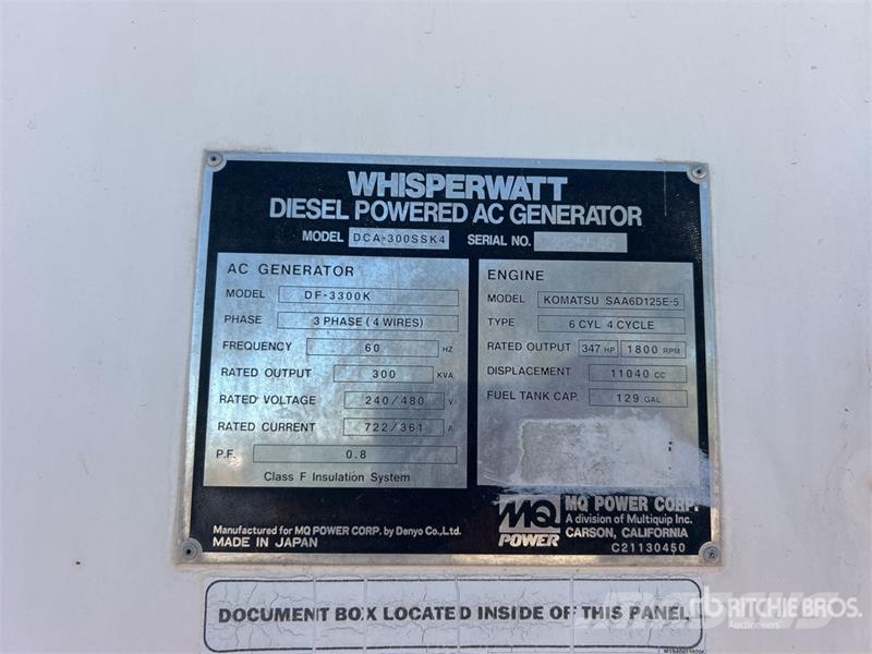 Whisperwatt DF-3300SSK4 300 kVA Mobile Generator Set Diesel Generators