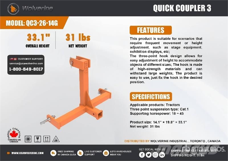  Wolverine QC3-26-14G Quick Coupler 3 3-Point Hitch その他トラクターアクセサリー・アタッチメント