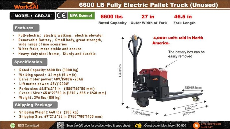 WorkSai CBD-30 6600 lb Electric Pallet Jack (Unuse 핸드파레트 트럭