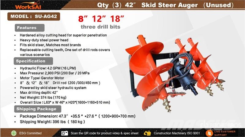  WorkSai SU-AG42 Skid Steer Auger (Unused) مثاقيب